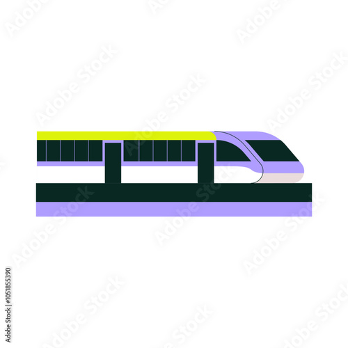 High speed train in motion on an elevated track, isolated flat vector illustration symbolizing modern transportation, urban transit, and bullet train travel.