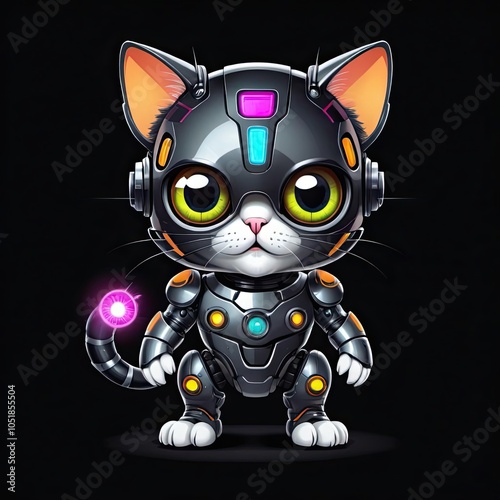 A cartoon robotic cat in a black suit of armor stands against a black background photo