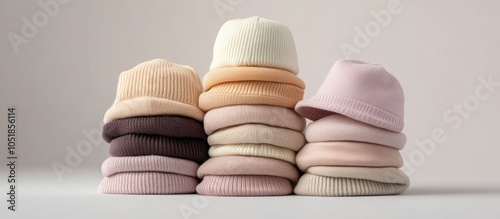 Stack of colorful knitted beanies. photo