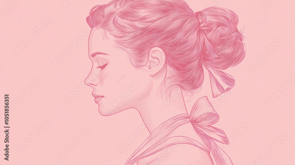 A digital illustration of a woman's profile, rendered in shades of pink. Her hair is pulled back in a bun with a bow. A digital illustration of a woman's profile, rendered in shades of pink. Her hair is pulled back in a bun with a bow.