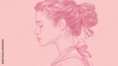 Wallpaper Mural A digital illustration of a woman's profile, rendered in shades of pink. Her hair is pulled back in a bun with a bow. Torontodigital.ca