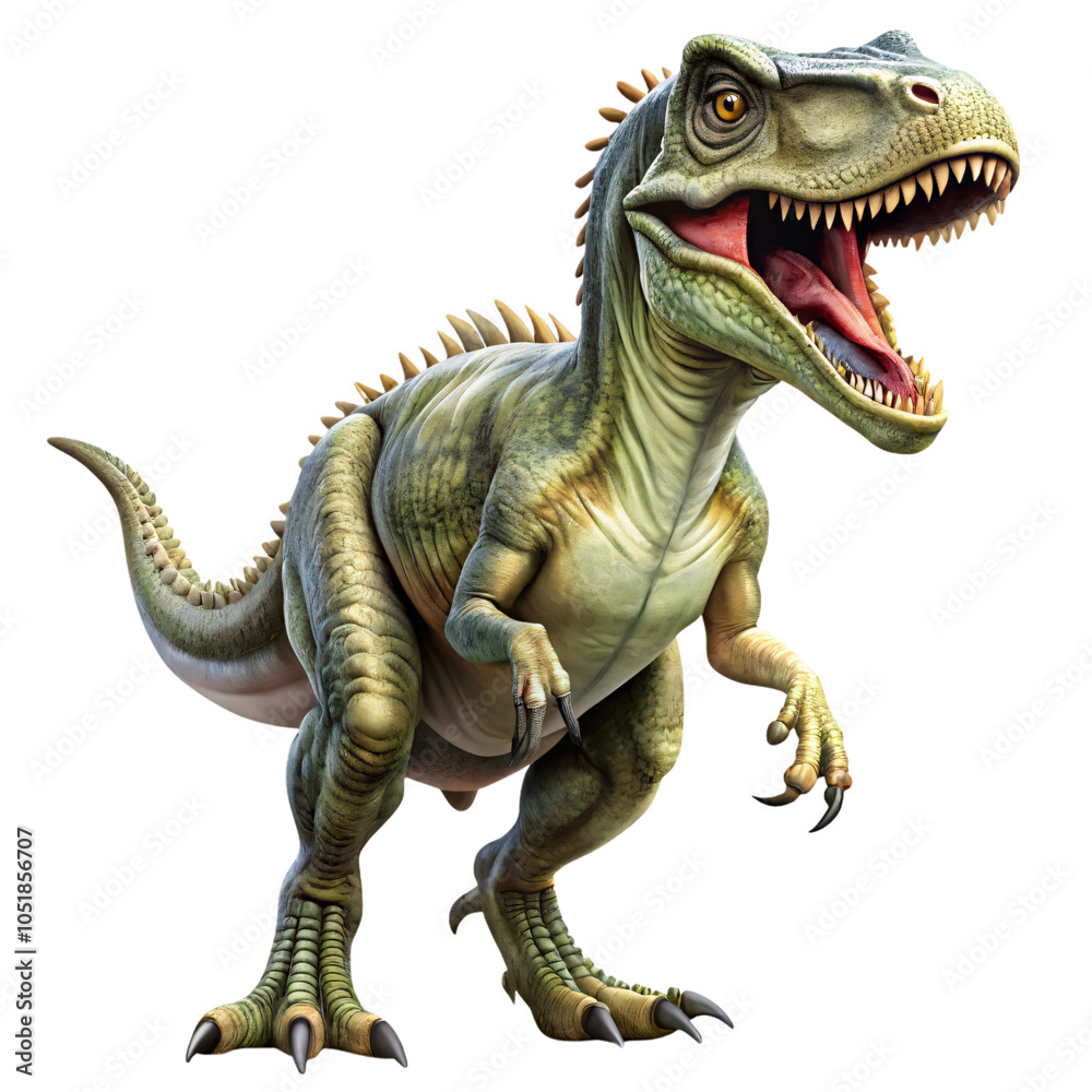 Fototapeta premium A green dinosaur with spiky ridges down its back, claws extended, and mouth open wide in a roar, showing its predatory nature in a dynamic stance, set against a transparent background