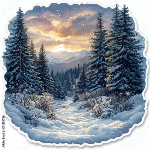 Snow Laden Pine Trees, Winter Scene, Die Cut Sticker Design