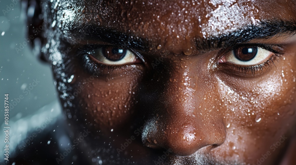 Intense close-up portrait of man with water droplets on skin, focused gaze Intense close-up portrait of man with water droplets on skin, focused gaze