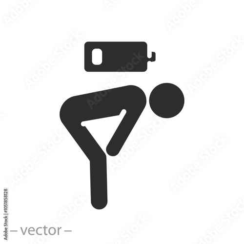 man with low charge, tired person icon, fatigue or exhausted, exhausted battery energy, burnout workplace, stress, flat vector illustration