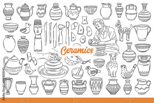 Handmade ceramic dishes, molded from natural clay and decorated by artist. Ceramic cups and teapots or whistles, near tools for professional craftsperson who has created home production. Hand drawn.