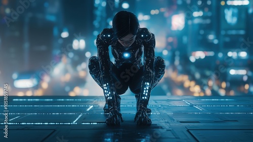 Woman cyborg or robot with AI knelt down on futuristic platform in cyberspace. artificial intelligence in image anthropomorphic cybernetical mechanical wise Female. AI technology concept photo