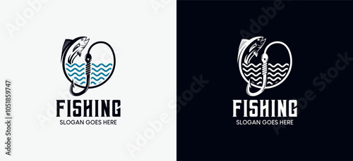 Fishing logo design with wave and hook symbol, tuna fishing logo