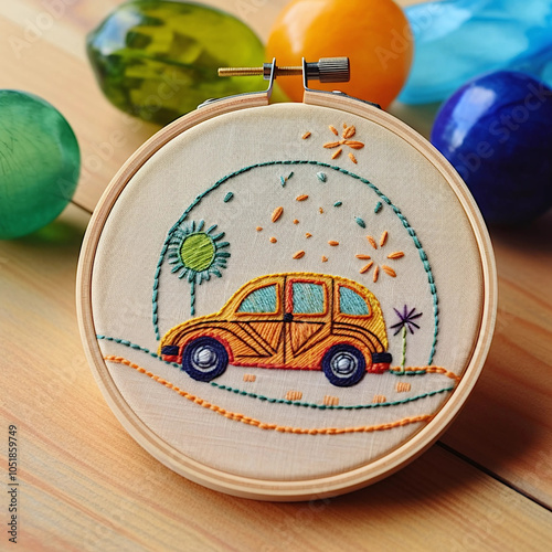 EMBROIDERY ON THE FRAME OF A TOY CAR  photo