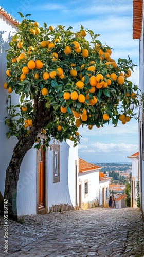 Vibrant orange tree laden with ripe fruit graces a quaint cobblestone street in a picturesque Mediterranean village, framing a view of distant rooftops. photo