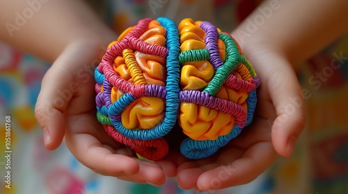 Colorful brain-shaped toy made of vibrant yarn and plastic, held gently in cupped hands, symbolizing creativity, learning, and cognitive development. photo