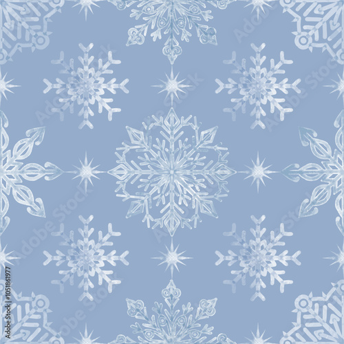 Hand drawn blue snowflakes, watercolour, blue background. Seamless floral pattern-463.