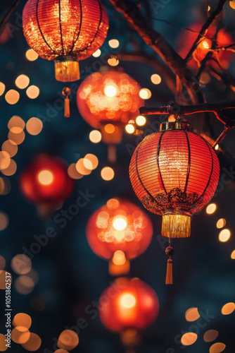 Chinese lanterns hanging from a tree at night, casting a warm, magical glow on the surroundings, creating a festive and enchanting atmosphere.