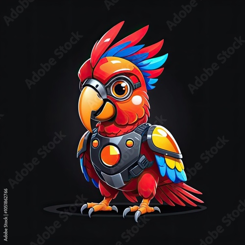 A red parrot with a blue and yellow crest wears a metal suit and goggles photo