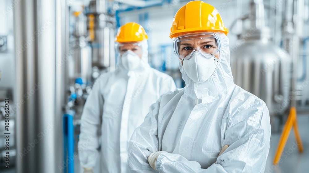 Two professionals in protective gear stand in an industrial setting, showcasing safety protocols and an emphasis on health in the workplace. Two professionals in protective gear stand in an industrial setting, showcasing safety protocols and an emphasis on health in the workplace.