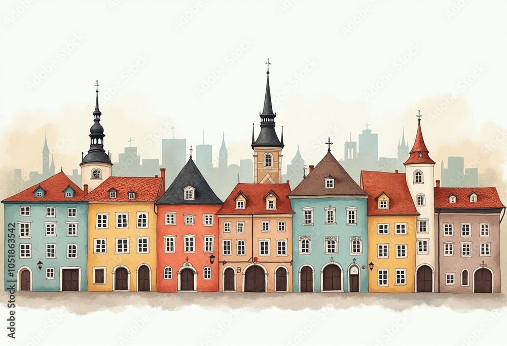 Obraz premium Charming Cityscape Illustration of Historic Buildings