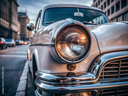 Chrome Headlight Close-Up on a White Retro Car – Urban Exploration Photography