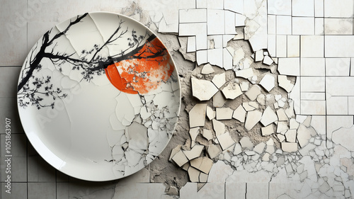 陶磁器タイル上の割れたモダンデザイン皿