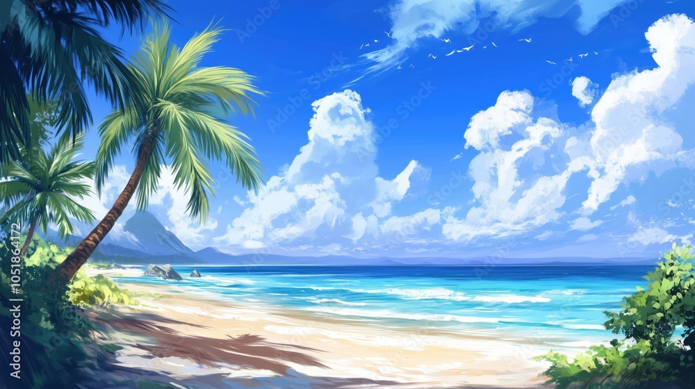 Tropical beach scene with palm trees, ocean, clouds, and mountains Tropical beach scene with palm trees, ocean, clouds, and mountains