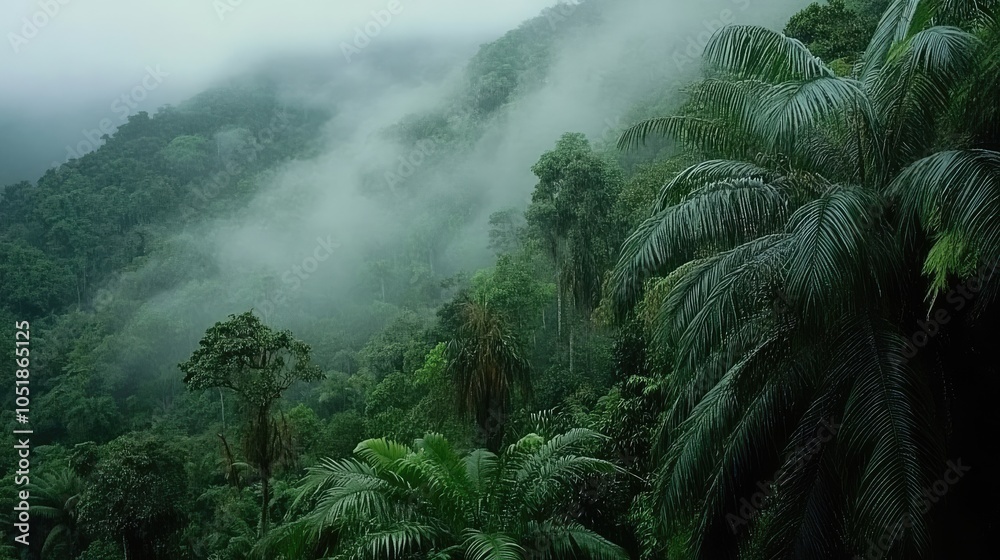 Naklejka premium Lush Green Jungle Landscape with Misty Atmosphere