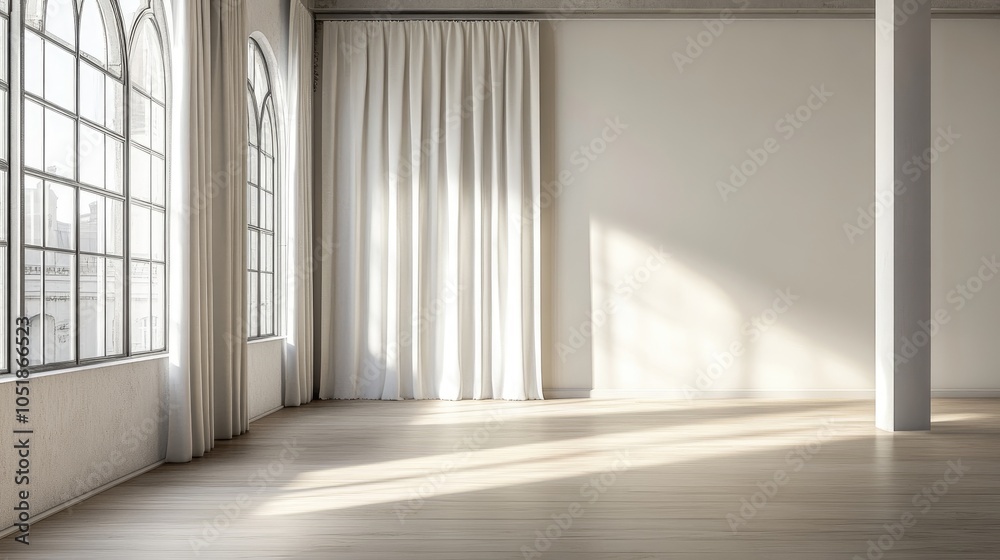 Fototapeta premium Bright Empty Room with Elegant Curtains and Windows