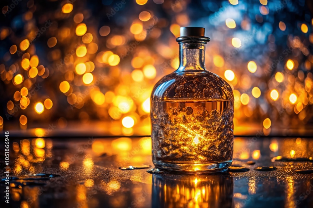 Close-Up of Liquid Bottle on Table in Low Light, Emphasizing Texture and Reflections for Dramatic Effect Close-Up of Liquid Bottle on Table in Low Light, Emphasizing Texture and Reflections for Dramatic Effect