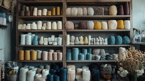 Wallpaper Mural Colorful Yarn Spools on Wooden Shelves for Crafting Torontodigital.ca