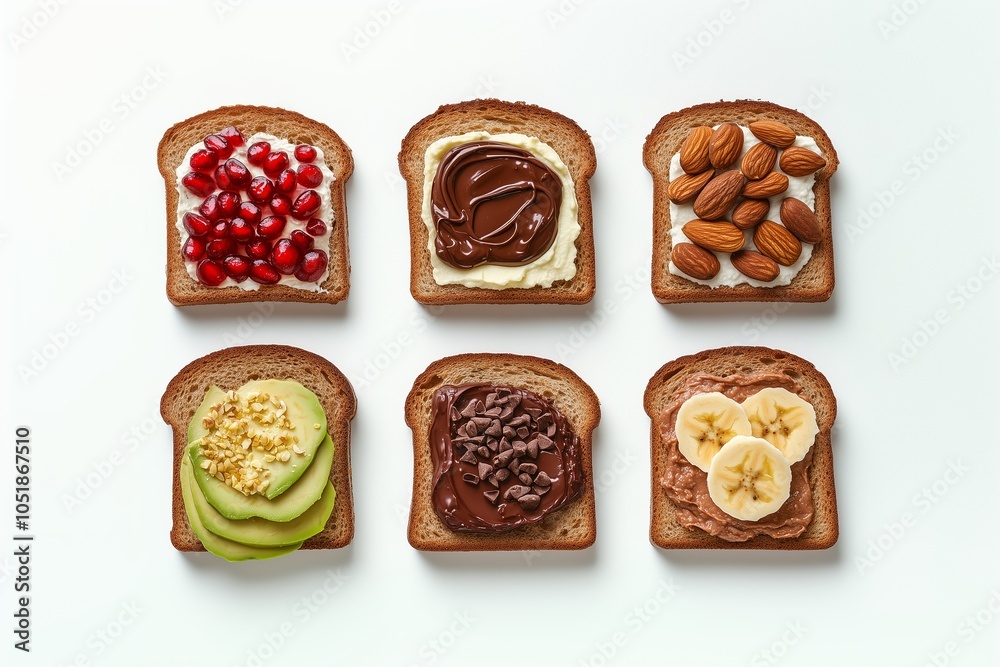 Creative toast toppings with fruits, nuts, and chocolate laid out on whole grain bread on a light background Creative toast toppings with fruits, nuts, and chocolate laid out on whole grain bread on a light background