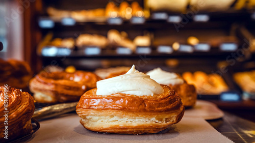 Freshly baked Danish pastries topped with cream cheese, capturing the essence of a cozy European bakery display.  photo