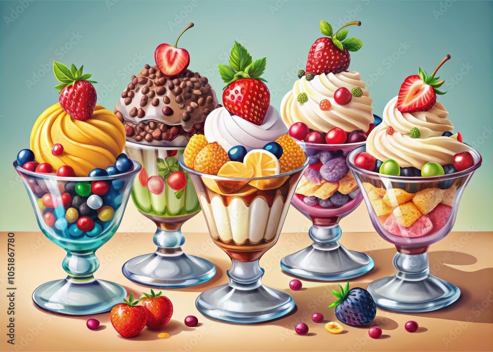 Colorful Ice Cream Sundaes with Syrup, Sprinkles, and Fresh Fruits - Cartoon Vector Set of Tasty Cold Desserts for Product Photography Colorful Ice Cream Sundaes with Syrup, Sprinkles, and Fresh Fruits - Cartoon Vector Set of Tasty Cold Desserts for Product Photography