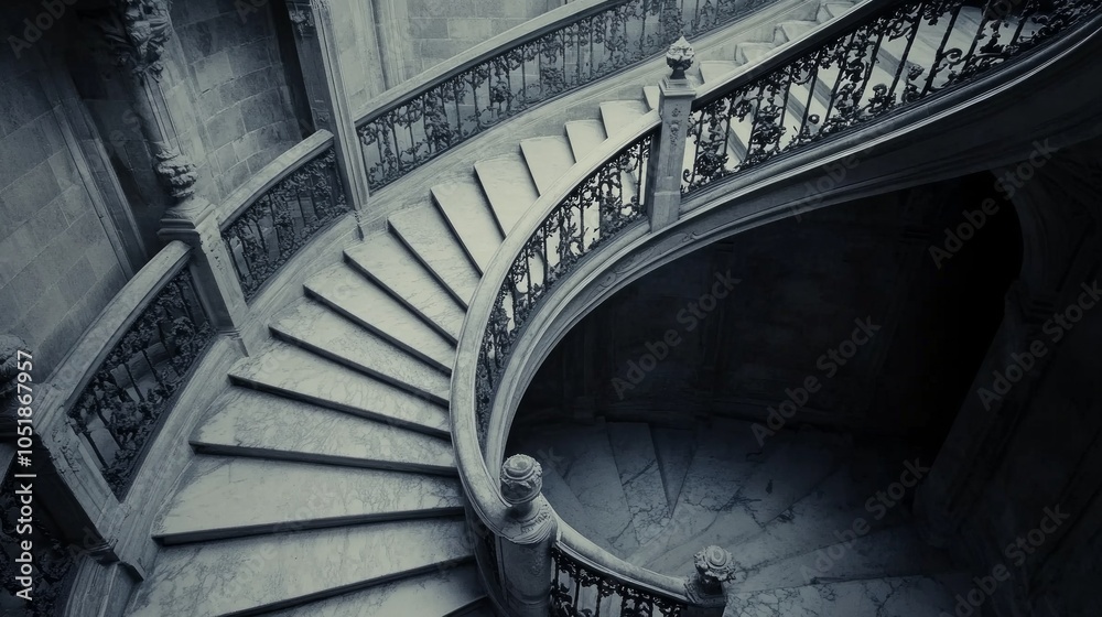 Fototapeta premium A beautiful staircase with marble treads and wrought iron handrails, captured from above, with flowing lines and symmetry. Space at the top for captions.