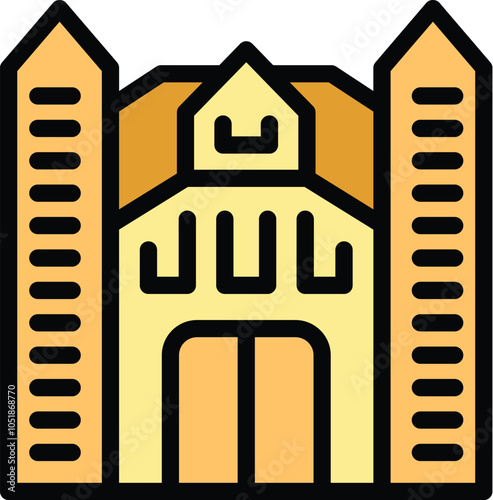 Simple flat vector illustration of a medieval castle building facade showing towers and gate entrance