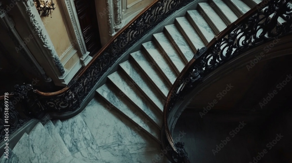 Fototapeta premium A luxurious staircase seen from above, with gleaming marble steps and ornate wrought iron detailing. Open space on the left for promotional captions