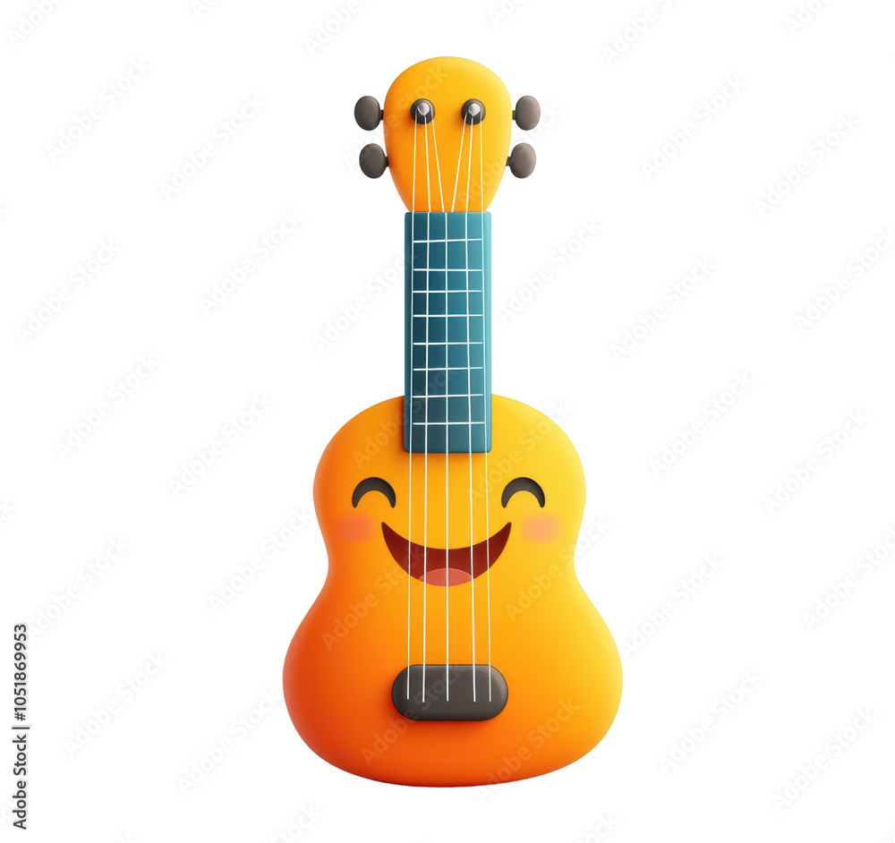 Obraz premium Happy and cheerful emoji style ukulele with smiling face, showcasing its vibrant orange color and playful design. Perfect for music lovers and fun illustrations. 