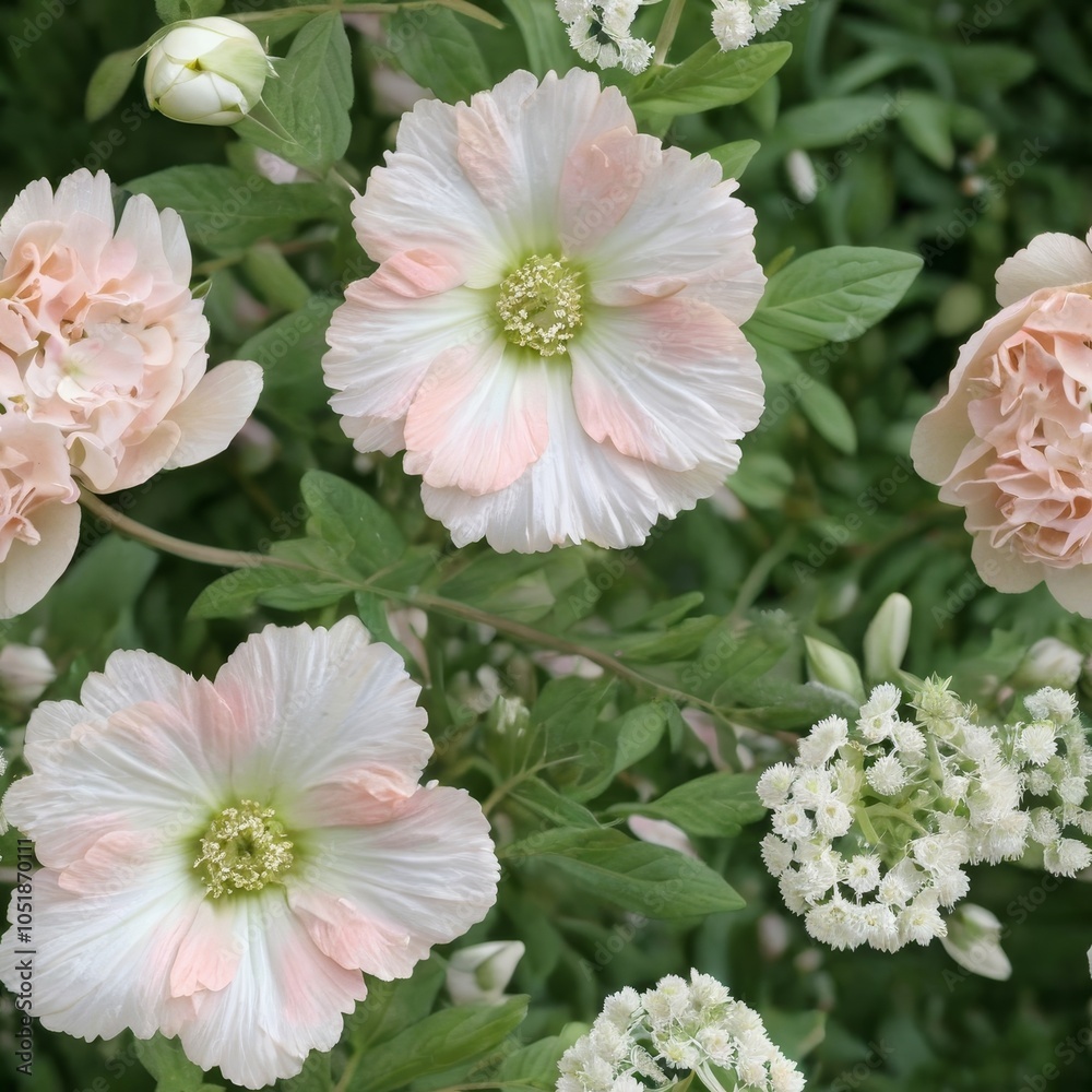 Fototapeta premium Seamless floral pattern featuring pink roses and white flowers on a green background