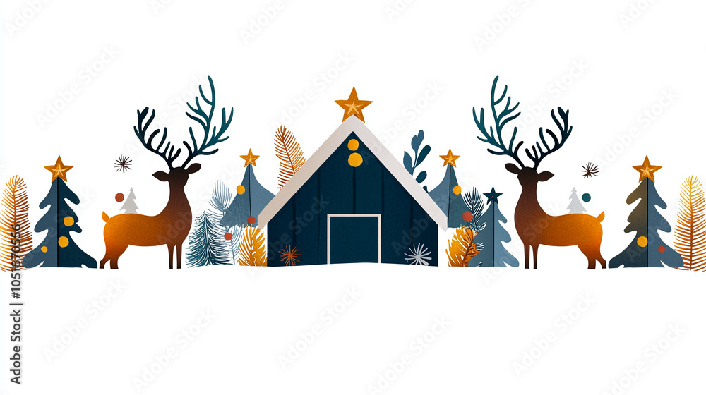 Naklejka premium festive scene featuring rustic barn adorned with holiday lights, surrounded by decorated trees and reindeer. This charming illustration captures spirit of Christmas