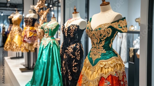 Elegant display of vibrant fashion dresses in a gallery