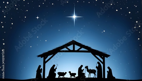 Simple nativity scene a silhouetted nativity scene under a soft blue night sky with a single star, AI Generated