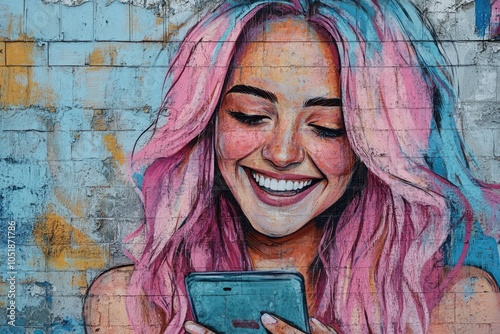 Street art artistic image of show a mural of a girl in her 20s looking at her phone. she's laughing and smiling. the woman's hair is pink and bluethe mural is on a brick and concrete wall photo