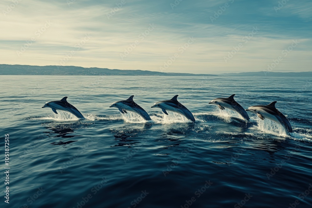 Fototapeta premium Group of dolphins jumping on the water - Beautiful seascape and blue sky