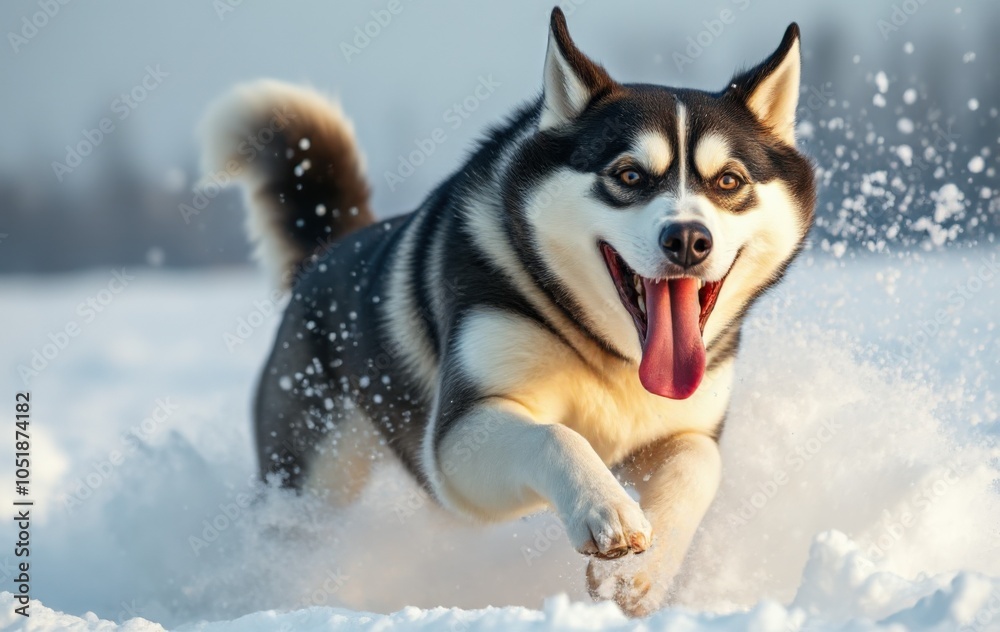 Naklejka premium Joyful Siberian Husky Running Through Sparkling Snow