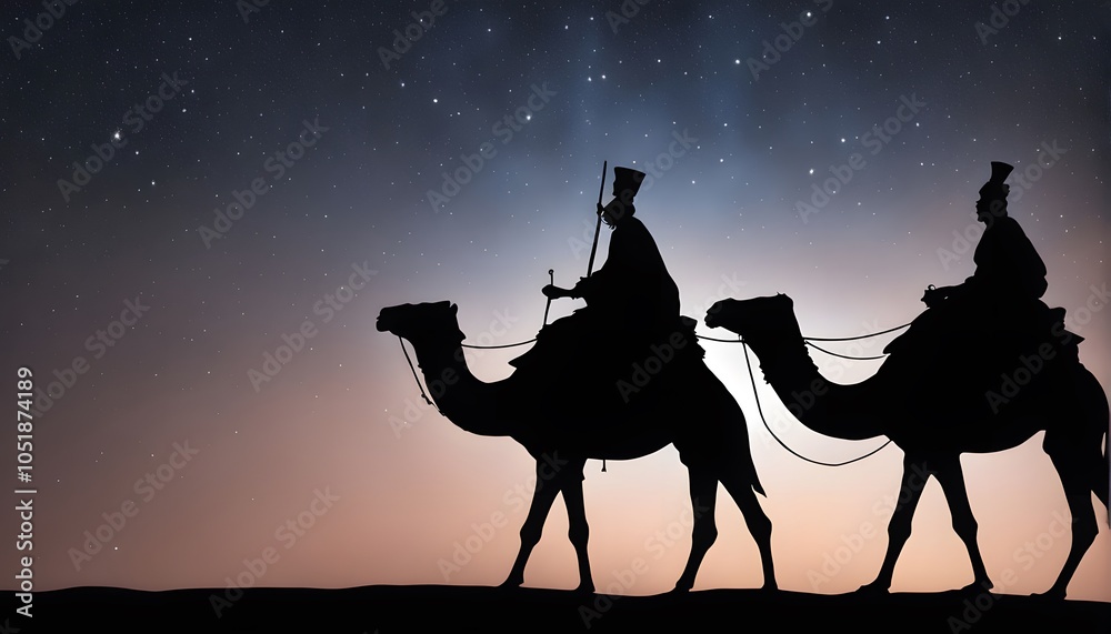 Silhouettes of the three wise men riding camels under a starlit sky, AI Generated