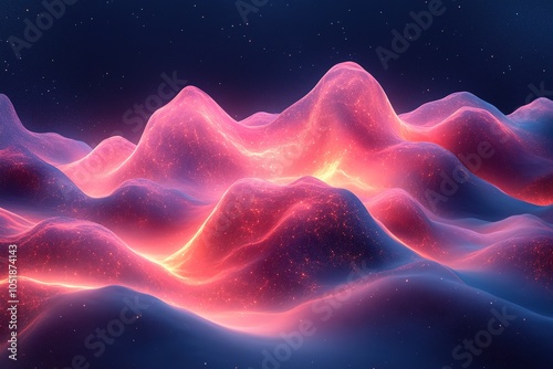 Abstract glowing landscape with waves of light and dark blue and red colors.