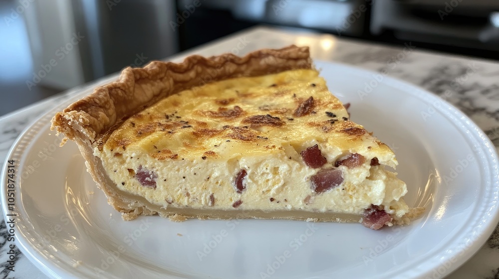 Delicious Slice of Quiche Lorraine on a White Plate Delicious Slice of Quiche Lorraine on a White Plate