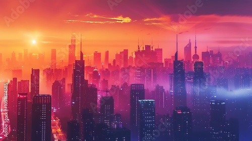 Cityscape at Sunset with a Vibrant Gradient Sky