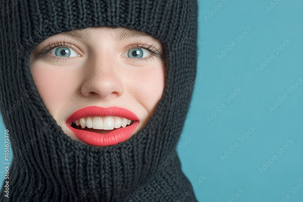 Smiling face in black balaclava with red lips against blue background Smiling face in black balaclava with red lips against blue background