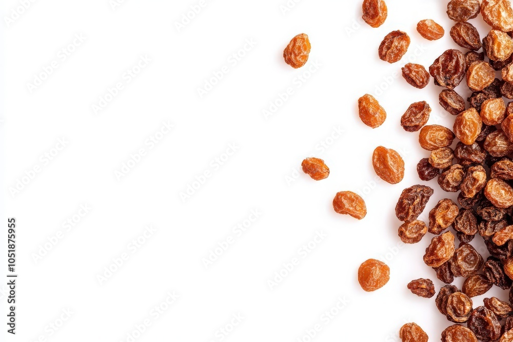 Obraz premium A variety of raisins are scattered across a clean, white background, allowing their deep brown hues and distinct shapes to stand out in a simple yet captivating composition.