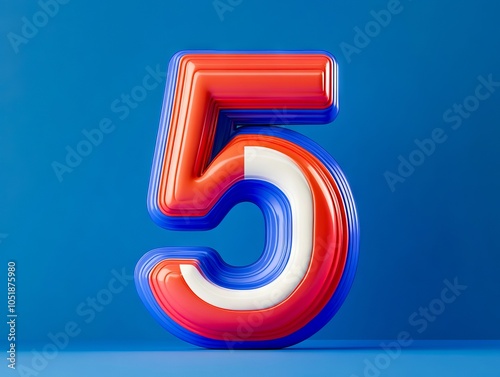 A red white and blue number five on a blue background photo