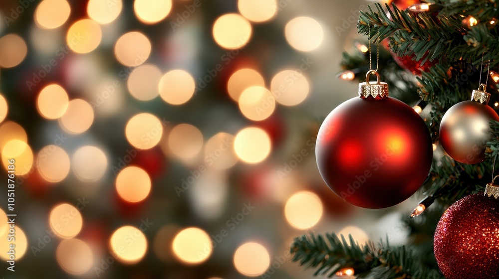 Festive Christmas tree adorned with red baubles and glowing lights, AI