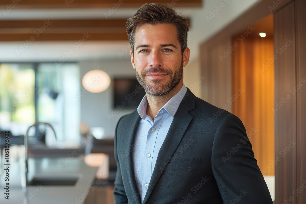 A real estate salesman in a sleek, modern office stands confidently. He wears a tailored suit and has a friendly expression. The background showcases a bright, minimalist design.